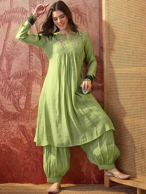 Sangria Embroidered Round Neck Kurta & Trousers Kurta Sets