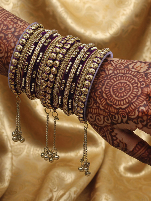 I Jewels Set of 14 Gold-Plated Stone Studded & Beaded Velvet Ghungroo Latkan Bangles