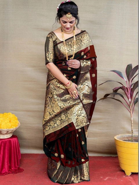 Janvi Boutique Ethnic Motifs Zari Silk Blend Heavy Work Saree