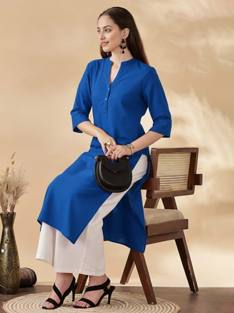 Anouk Mandarin Collar Three-Quarter Sleeves Panelled Cotton A-Line Kurta - Image 7