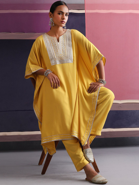 Khushal K Embroidered V-Neck Tunic With Trousers Co-Ords
