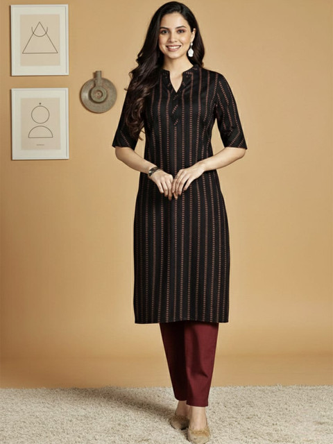 Anouk Geometric Printed Mandarin Collar Cotton Straight Kurta