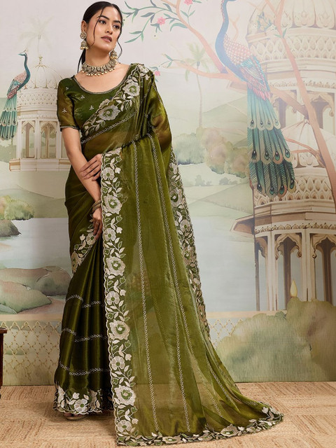 HERE&NOW Floral Embroidered Organza Heavy Work Saree