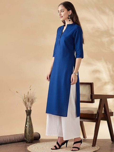 Anouk Mandarin Collar Three-Quarter Sleeves Panelled Cotton A-Line Kurta - Image 4