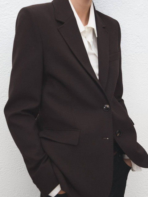 MANGO Single-Breasted Padded Shoulder Notched Lapel Collar Blazer - Image 2