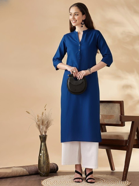 Anouk Mandarin Collar Three-Quarter Sleeves Panelled Cotton A-Line Kurta - Image 6