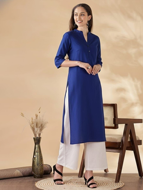 Anouk Mandarin Collar Three-Quarter Sleeves Panelled Cotton A-Line Kurta - Image 3