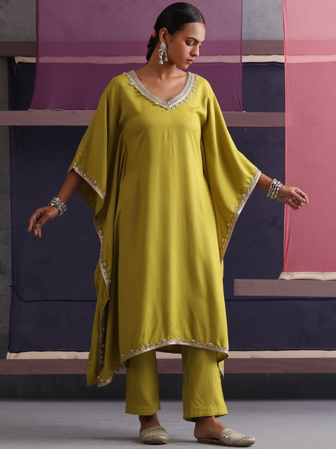 Khushal K Women Embroidered Kaftan Tunic With Trouser Co-ord Sets