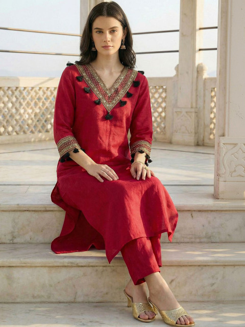 Indo Era Woven Design V-Neck Top With Trousers Co-Ords