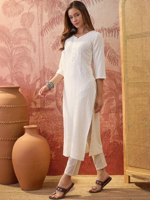 Sangria Women Ethnic Motifs Embroidered Chikankari Floral Kurta - Image 3