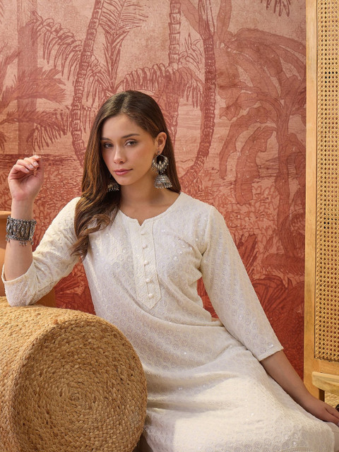 Sangria Women Ethnic Motifs Embroidered Chikankari Floral Kurta - Image 4