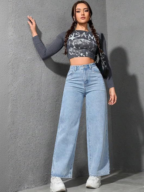 DressBerry Women Wide Leg High-Rise Light Fade Stretchable Jeans