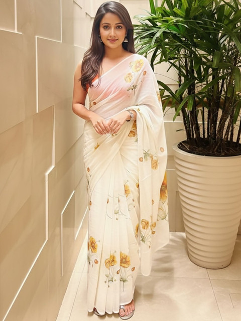 Mitera Floral Linen Blend Designer Block Print Saree