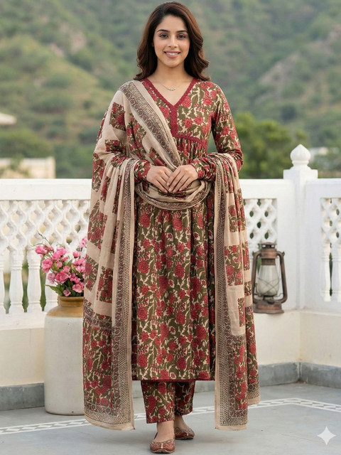 Anouk Women Floral Printed Empire Pure Cotton Kurta with Trousers & With Dupatta