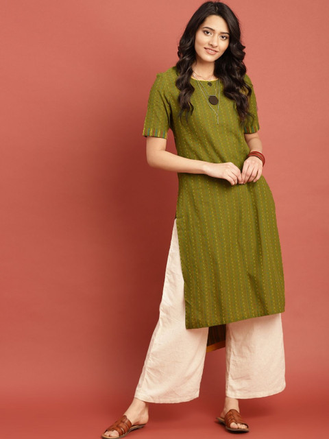 Taavi Women Woven Legacy Striped Pure Cotton Straight Round Neck Kurta