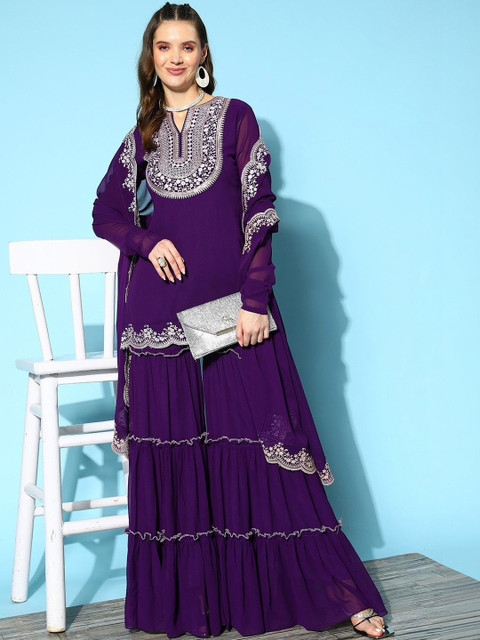 TWINS LADY Women Ethnic Motifs Embroidered Regular Thread Work Kurta with Sharara & With Dupatta