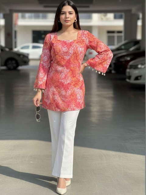 NAKSHKURTIS Floral Printed Square Neck Flared Sleeves Pure Cotton Kurti