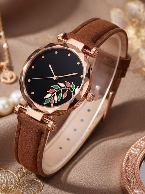 Moover Women Printed Dial & Leather Straps Analogue Watch leaflether-brown0j2