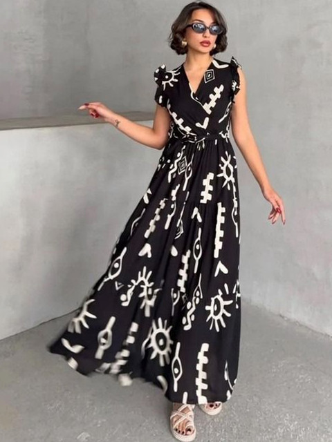 Nayu Enterprise Print Flutter Sleeve Ruffled Maxi Dress