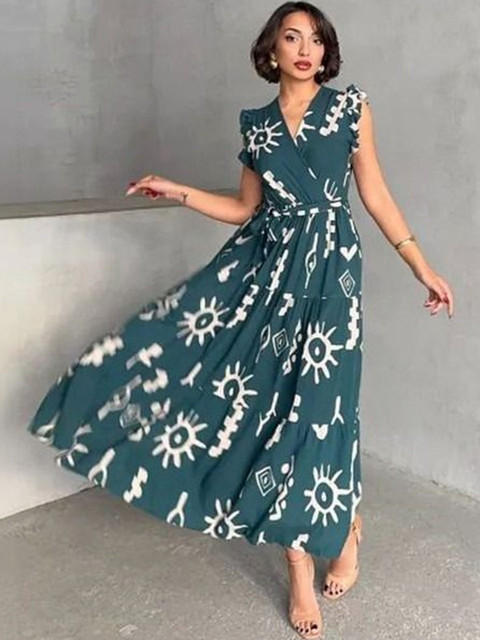 Nayu Enterprise Print Flutter Sleeve Maxi Dress