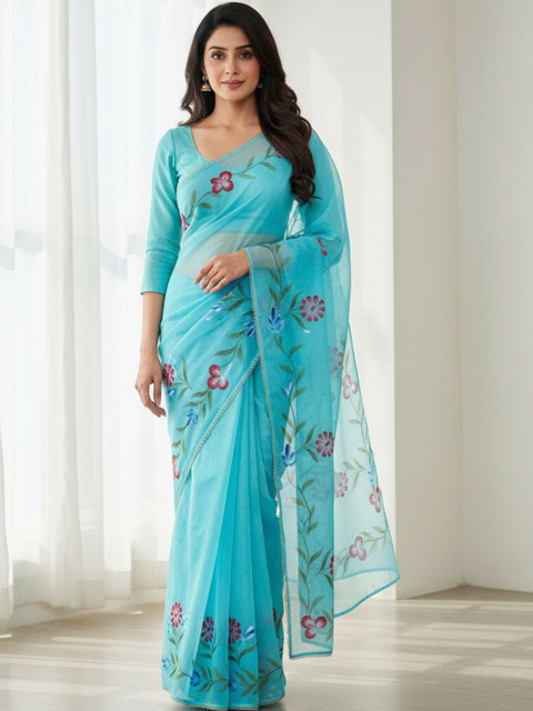 House of Pataudi Floral Printed Chanderi Sarees