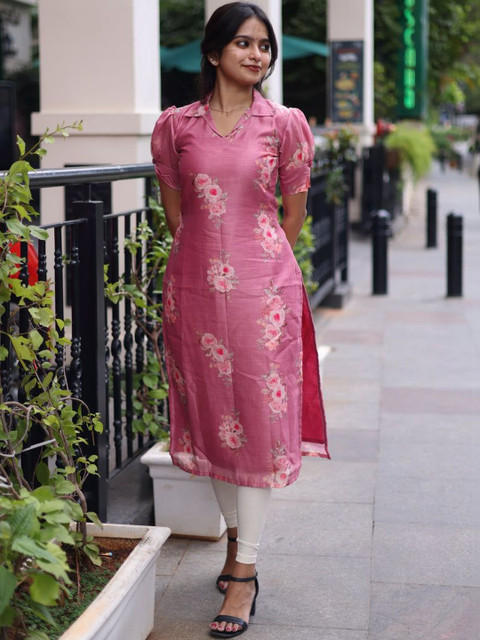 COTTON DUNIYA Floral Printed Shirt Collar Chanderi Cotton Kurti