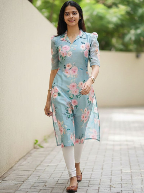 COTTON DUNIYA Floral Printed Shirt Collar Chanderi Cotton Kurti