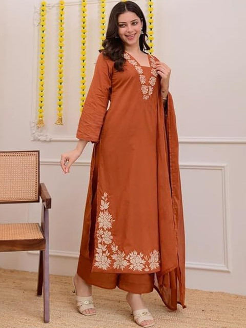 Keitra Women Ethnic Motifs Embroidered Thread Work Pure Silk Kurta with Palazzos & Dupatta - Image 2