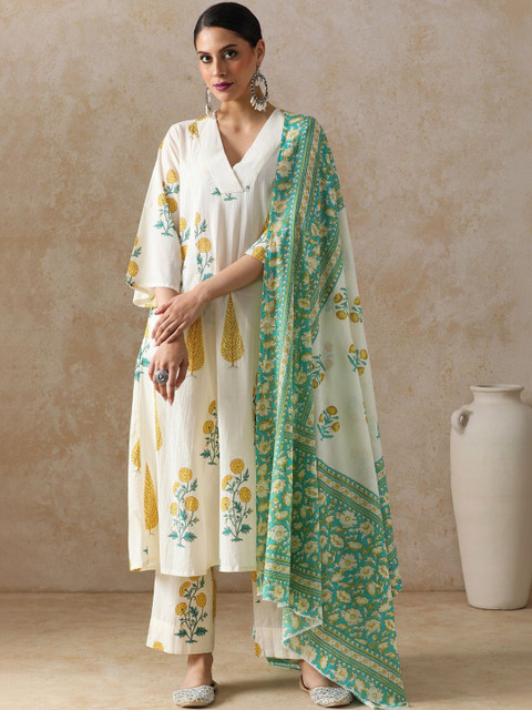 Anouk Women Floral Printed Regular Pure Cotton Kurta with Trousers & With Dupatta