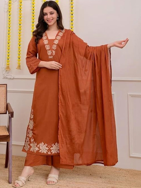 Keitra Women Ethnic Motifs Embroidered Thread Work Pure Silk Kurta with Palazzos & Dupatta - Image 3