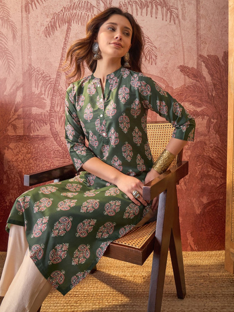 Sangria Printed Mandarin Collar Calf Length Straight Kurtas