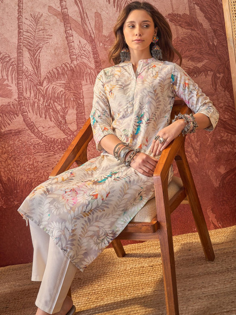 Sangria Printed Mandarin Collar Calf Length Straight Kurtas