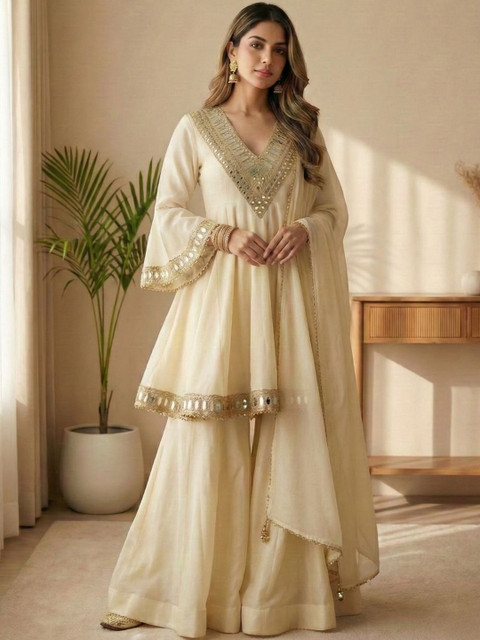 HERE&NOW Women Ethnic Motifs Embroidered Empire Mirror Work Kurta with Sharara & With Dupatta
