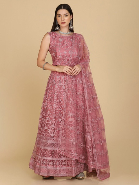 REELOVE FACTORY Embroidered Thread Work Ready to Wear Lehenga & Unstitched Blouse With Dupatta