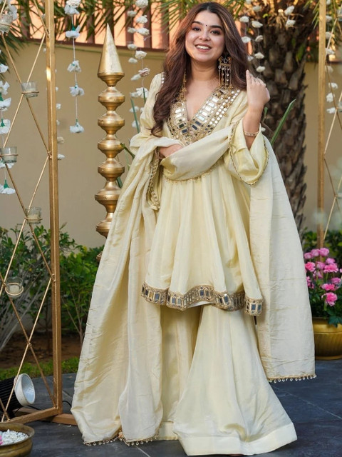 HERE&NOW Women Empire Mirror Work Kurta with Sharara & With Dupatta