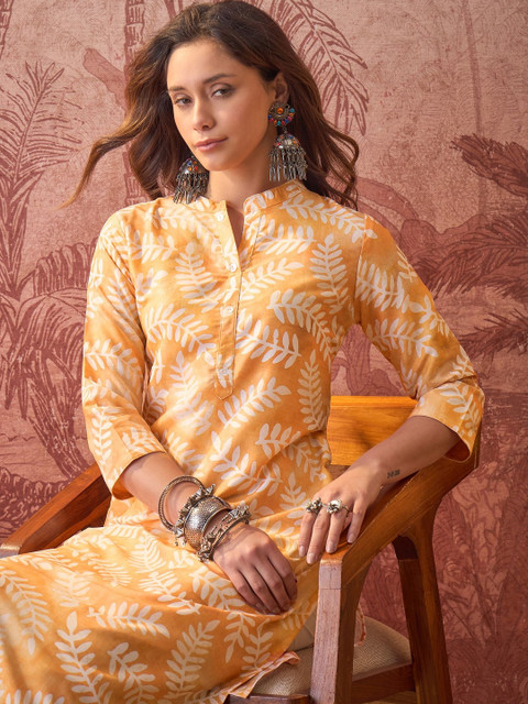 Sangria Printed Mandarin Collar Calf Length Straight Kurtas