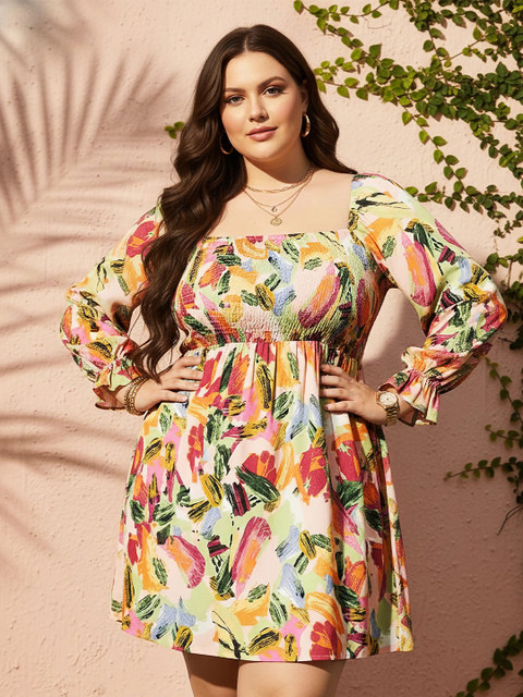 Berrylush Curve Plus Size Pink Floral Printed Square Neck Smocked Detail Fit & Flare Dress
