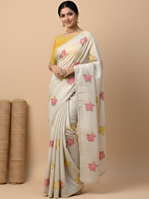 DESI RIWAAZ Floral Mirror Work Pure Georgette Saree - Image 6