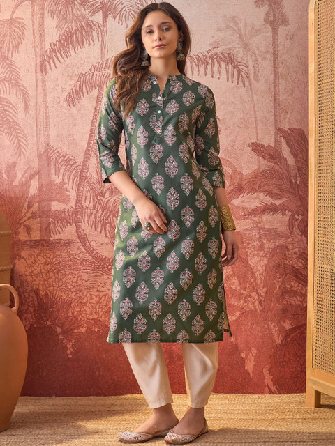 Sangria Printed Mandarin Collar Calf Length Straight Kurtas