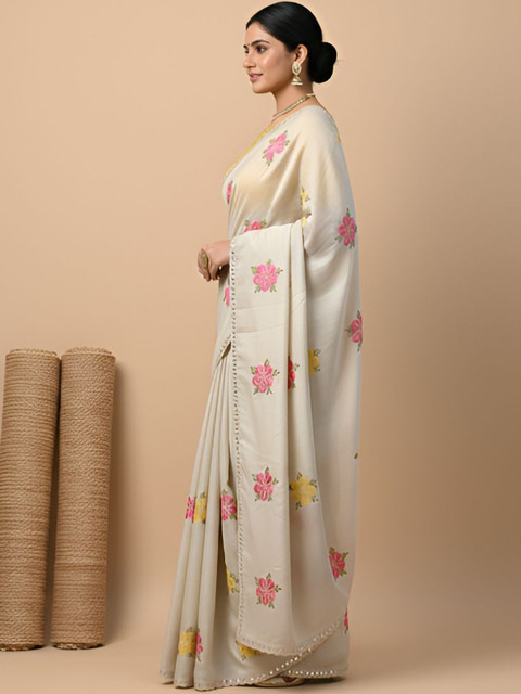 DESI RIWAAZ Floral Mirror Work Pure Georgette Saree - Image 2