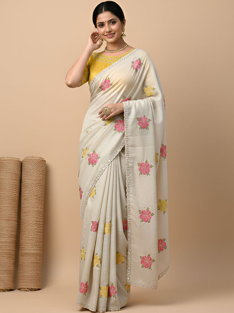 DESI RIWAAZ Floral Mirror Work Pure Georgette Saree