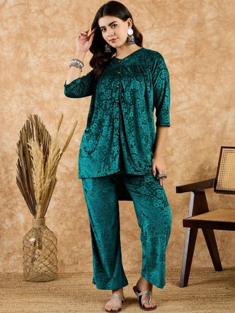 Winter Self Design Velvet V-Neck Top & Trousers Co-Ords