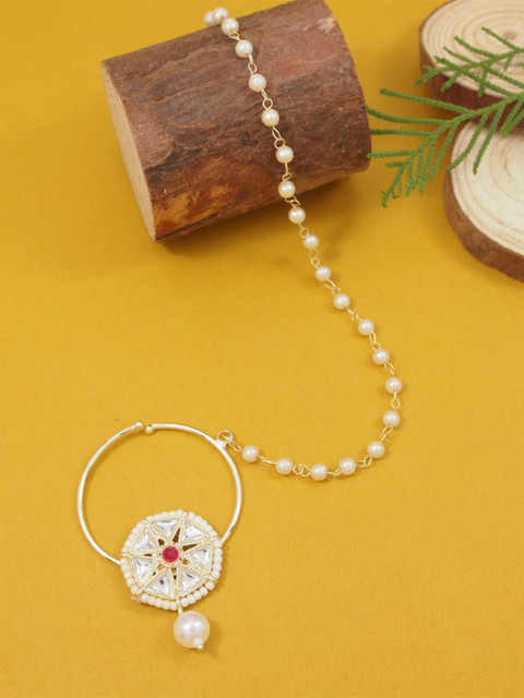 I Jewels Gold-Plated Artificial Stones Studded & Pearls Beaded Chained Nosepin