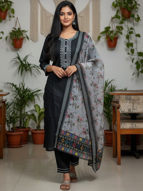 SZN Women Floral Embroidered Regular Thread Work Kurta with Trousers & With Dupatta