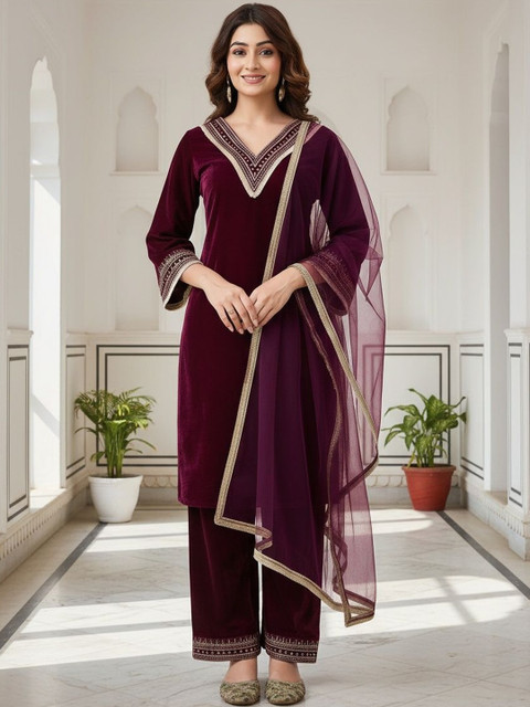 HERE&NOW Women Ethnic Motifs Embroidered Regular Velvet Kurta with Palazzos & With Dupatta