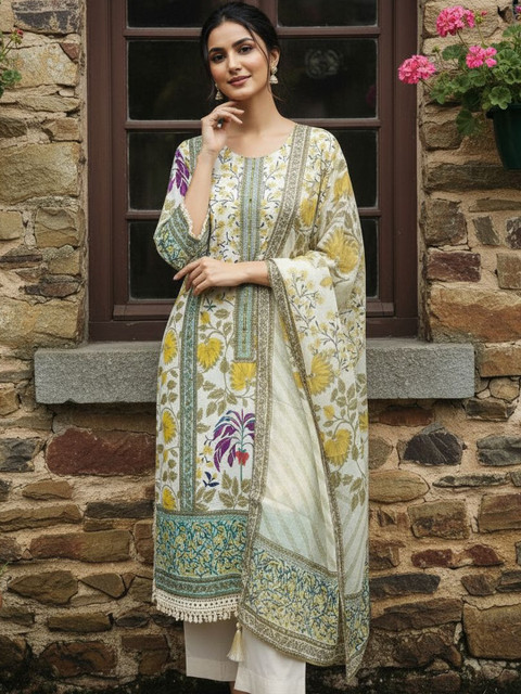 Anouk Women Floral Embroidered Regular Beads and Stones Pure Cotton Kurta with Trousers & With Dupatta