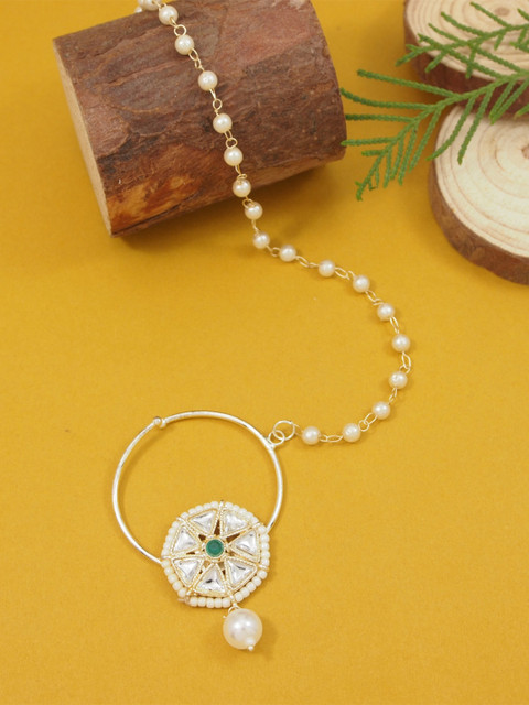I Jewels Gold-Plated Artificial Stones Studded & Pearls Beaded Chained Nosepin