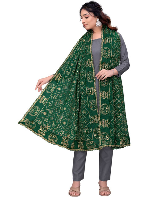 Kemza Ethnic Motifs Embroidered Art Silk Dupatta with Sequinned