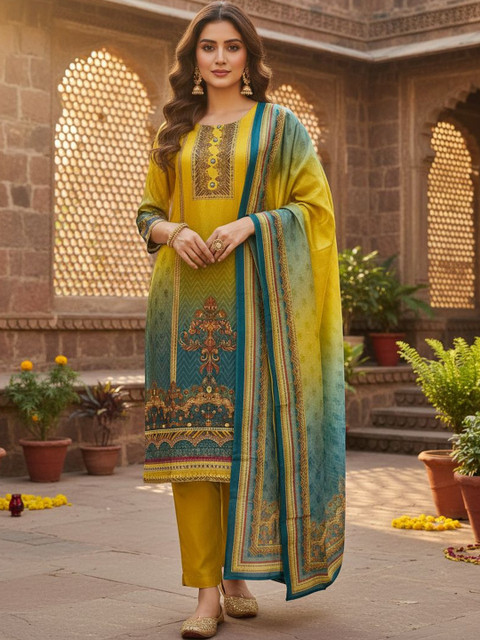 Twika Women Ethnic Motifs Printed Regular Chanderi Silk Kurta with Trousers & With Dupatta