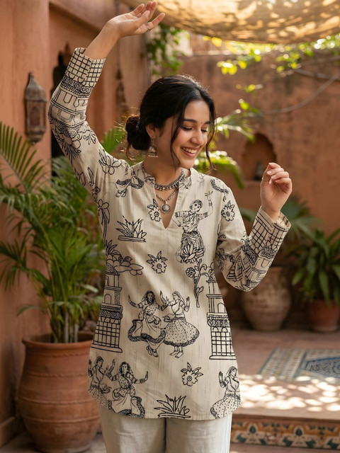 Anouk Mirage Ethnic Motifs Printed V-Neck Pure Cotton Kurti